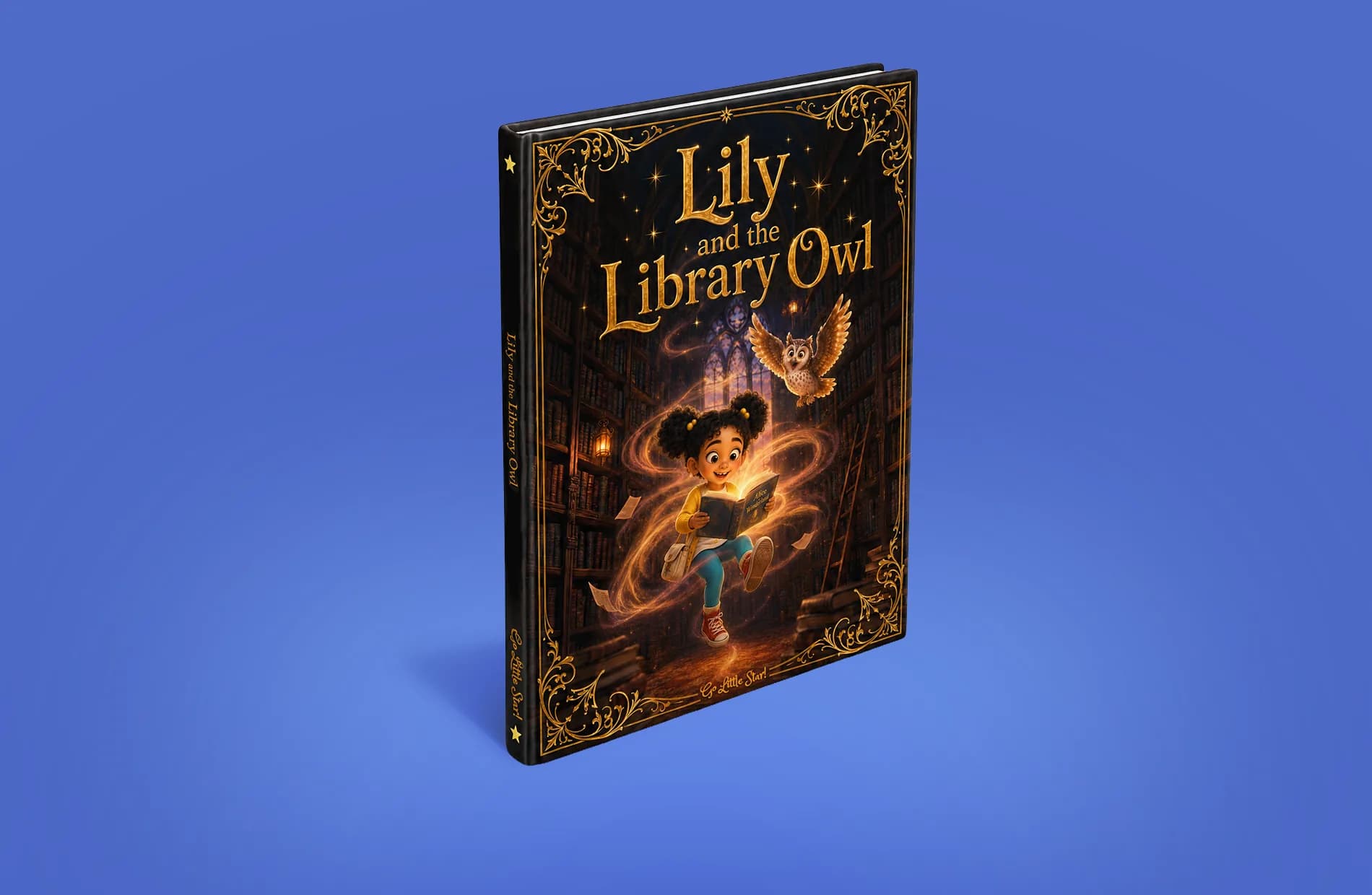 The finished hardcover of Lily and the Library Owl standing on end, gold lettering on a black case.