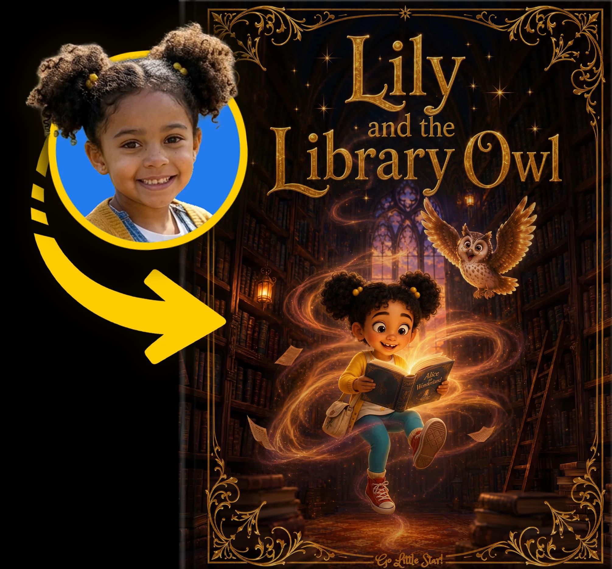 A photograph of a child beside the finished hardcover of Lily and the Library Owl, an arrow running from one to the other.