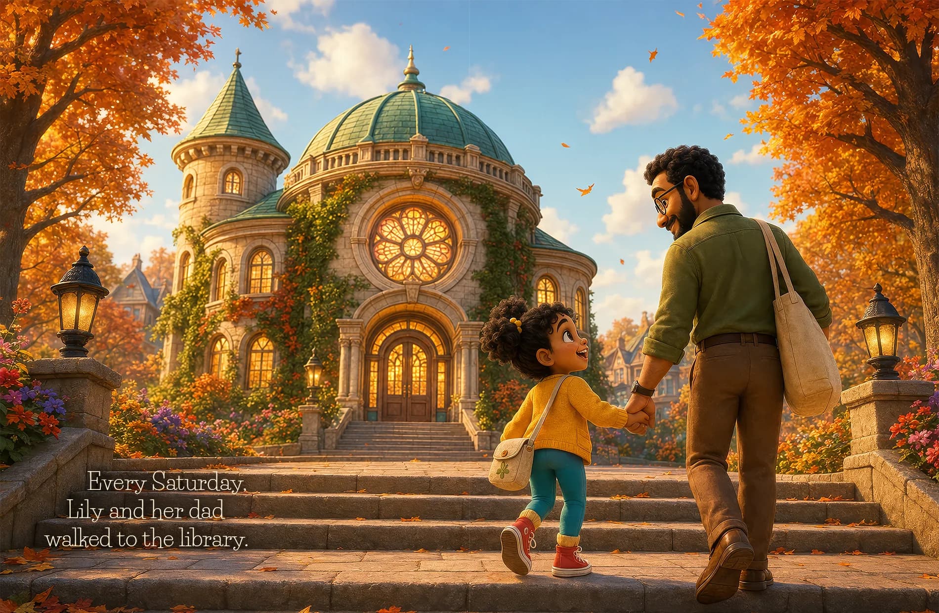 Lily and her dad climb the library steps hand in hand under autumn trees.