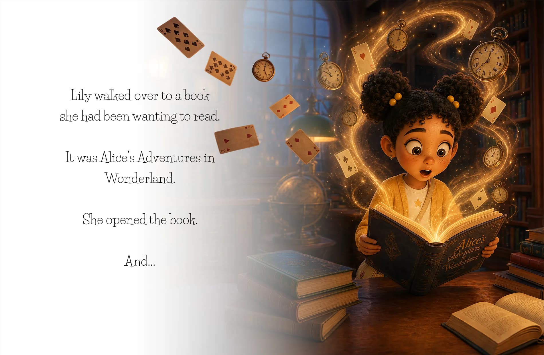 Lily opens Alice's Adventures in Wonderland and the pages spill light, playing cards and pocket watches.