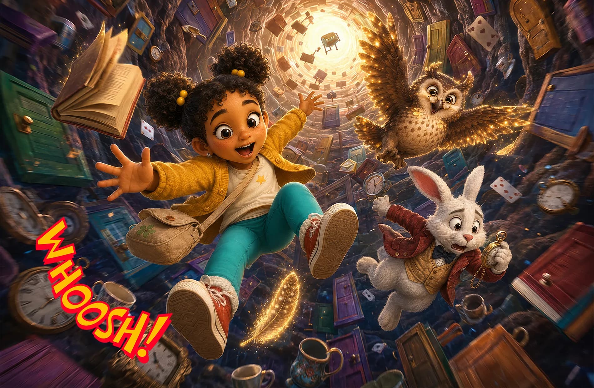 Lily tumbles down a rabbit hole of floating doors beside Bibliow the owl and the White Rabbit.