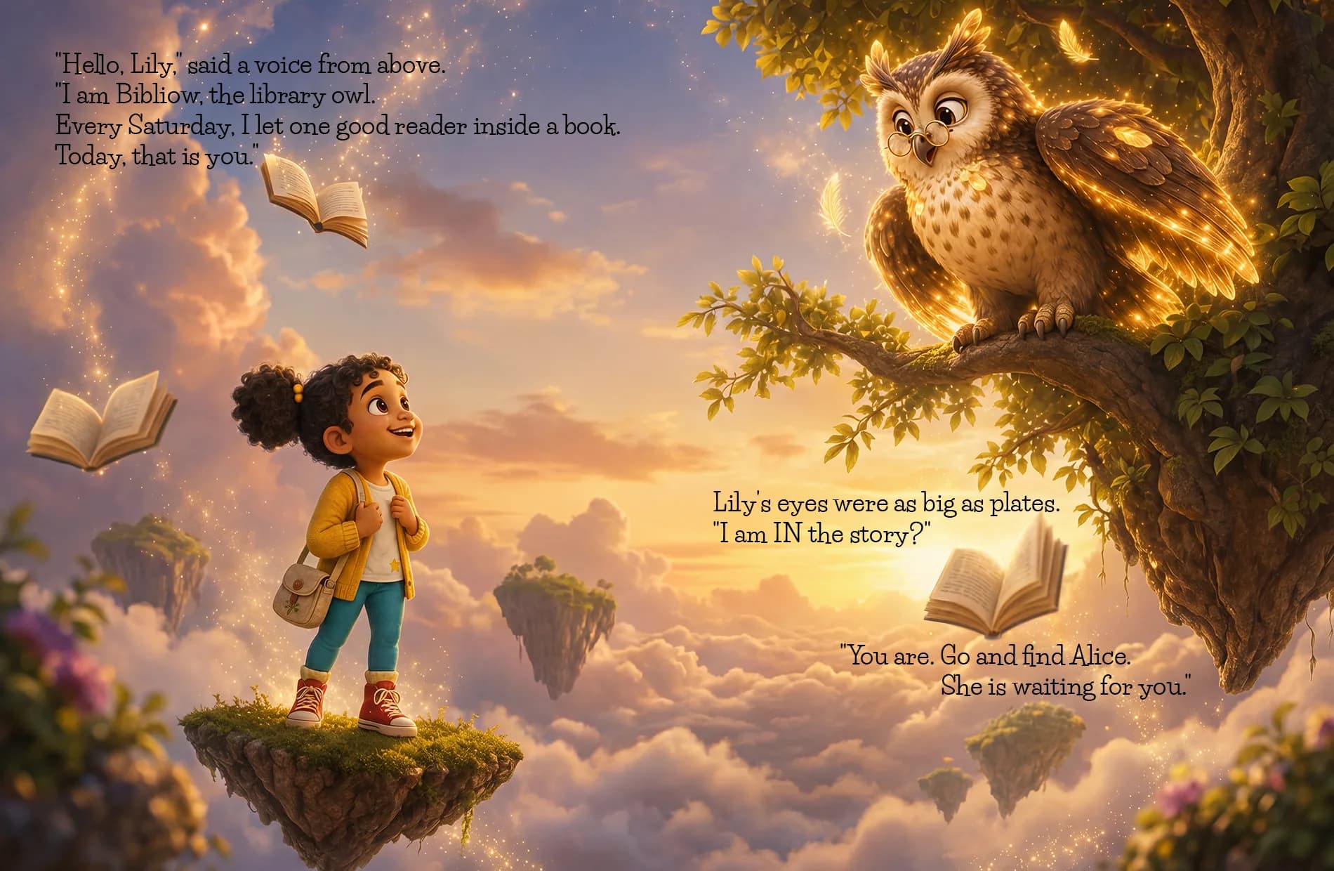 Bibliow the owl calls down to Lily from a branch above the clouds, books drifting past.