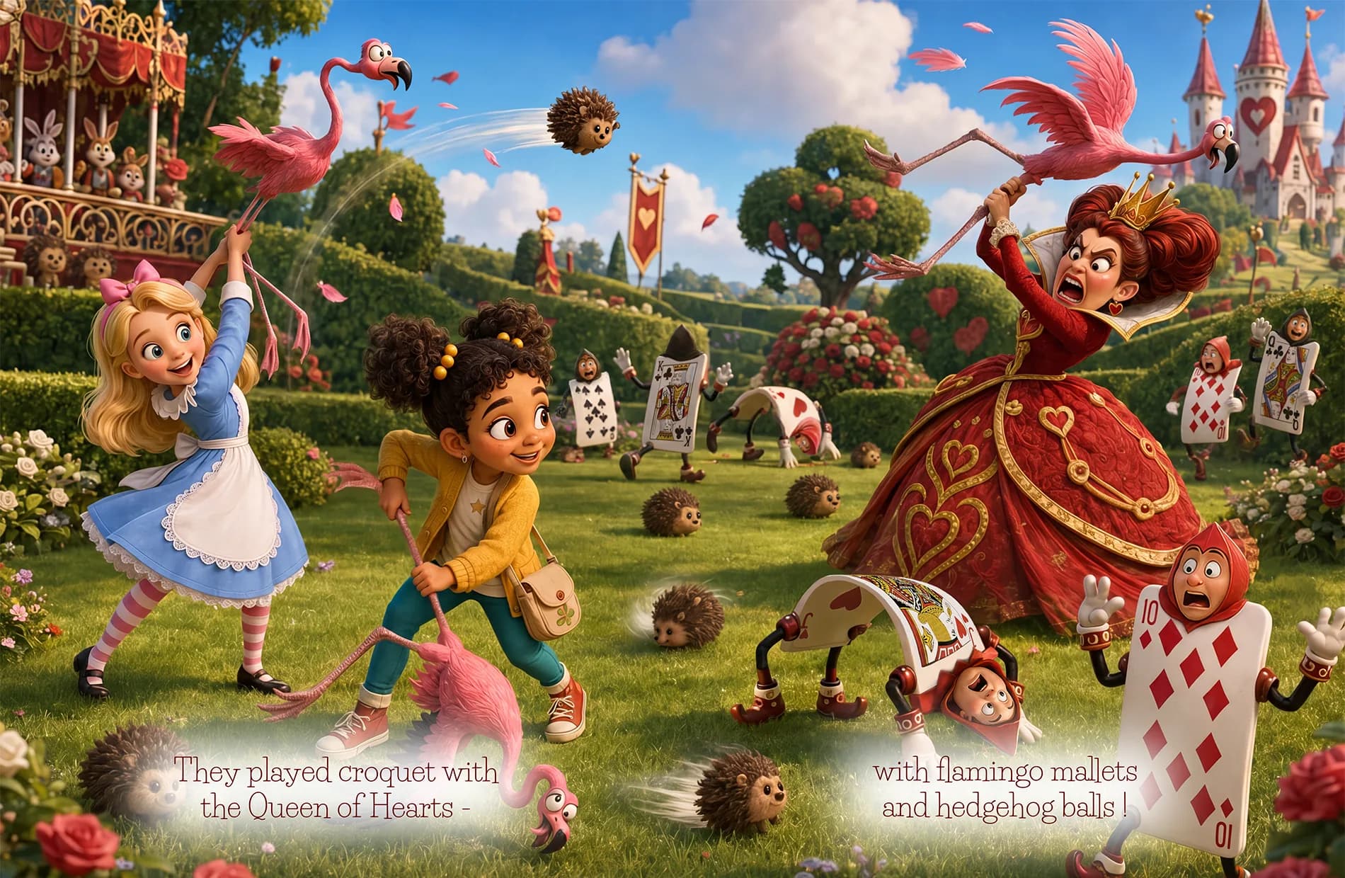 Lily and Alice play flamingo croquet against the furious Queen of Hearts.