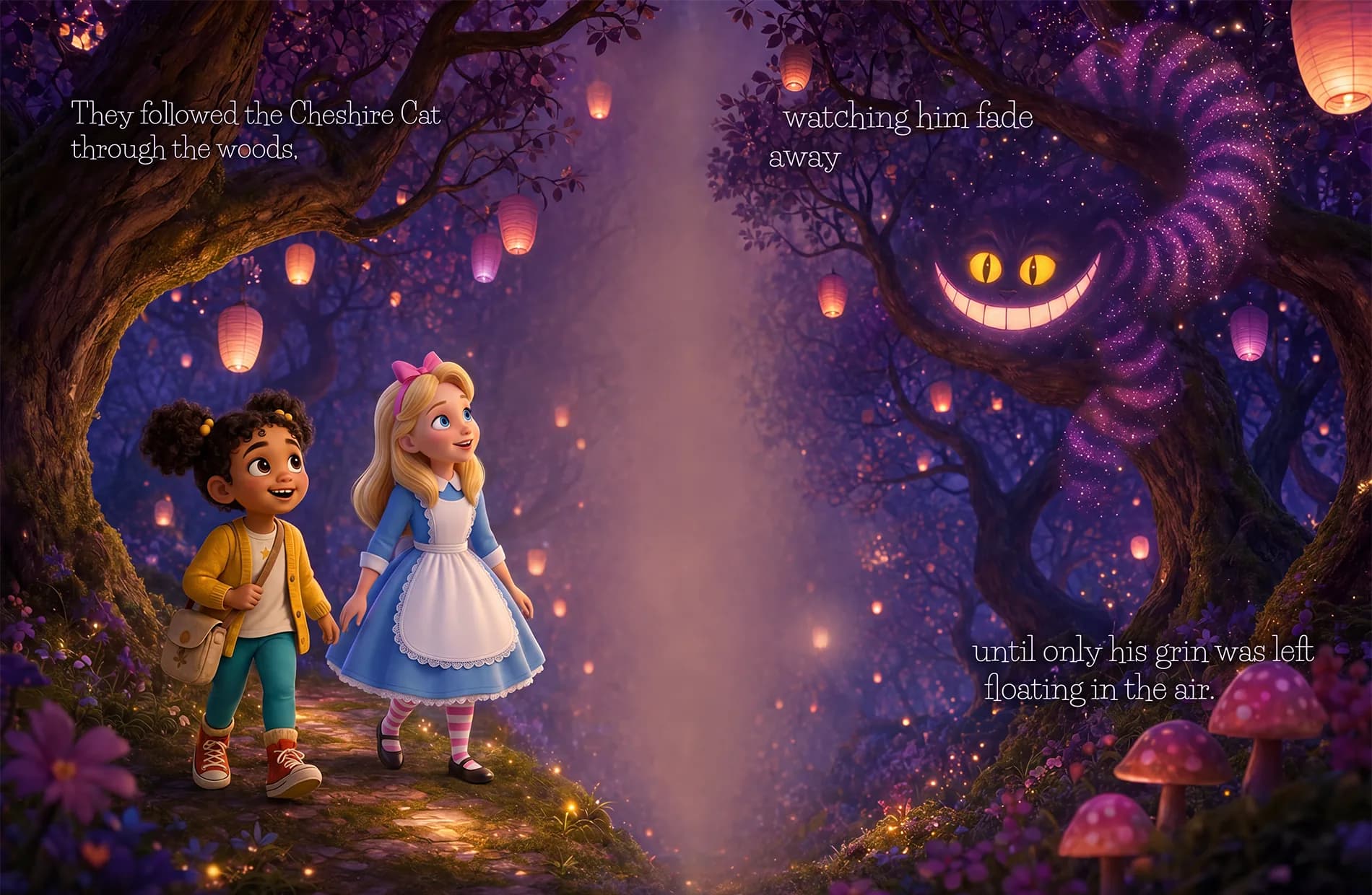 Lily and Alice walk a lantern-lit wood as the Cheshire Cat fades to a grin.