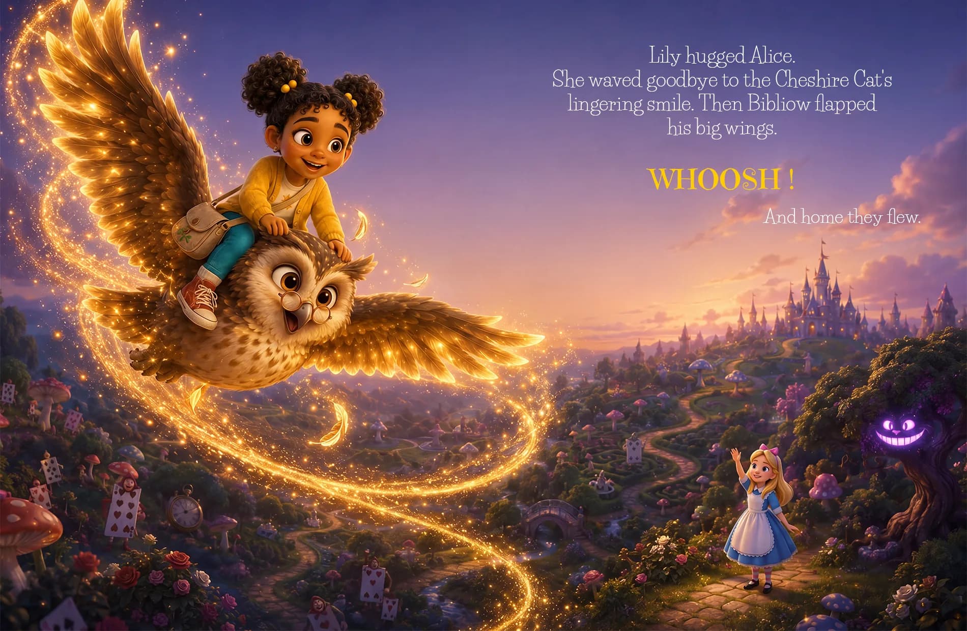 Lily rides home on Bibliow's back over Wonderland at sunset while Alice waves.