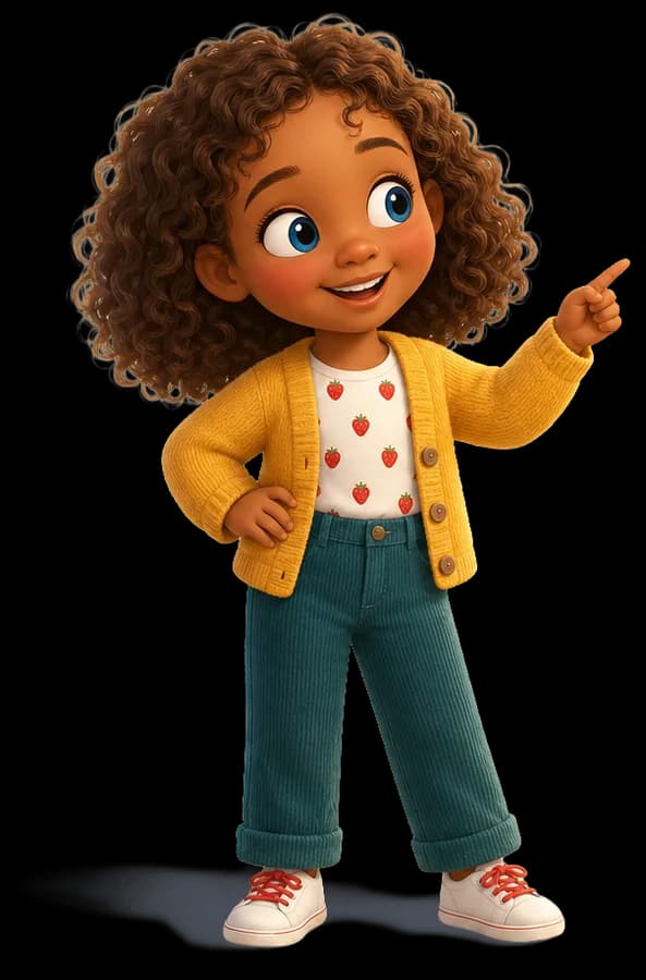 A storybook character pointing at the three steps