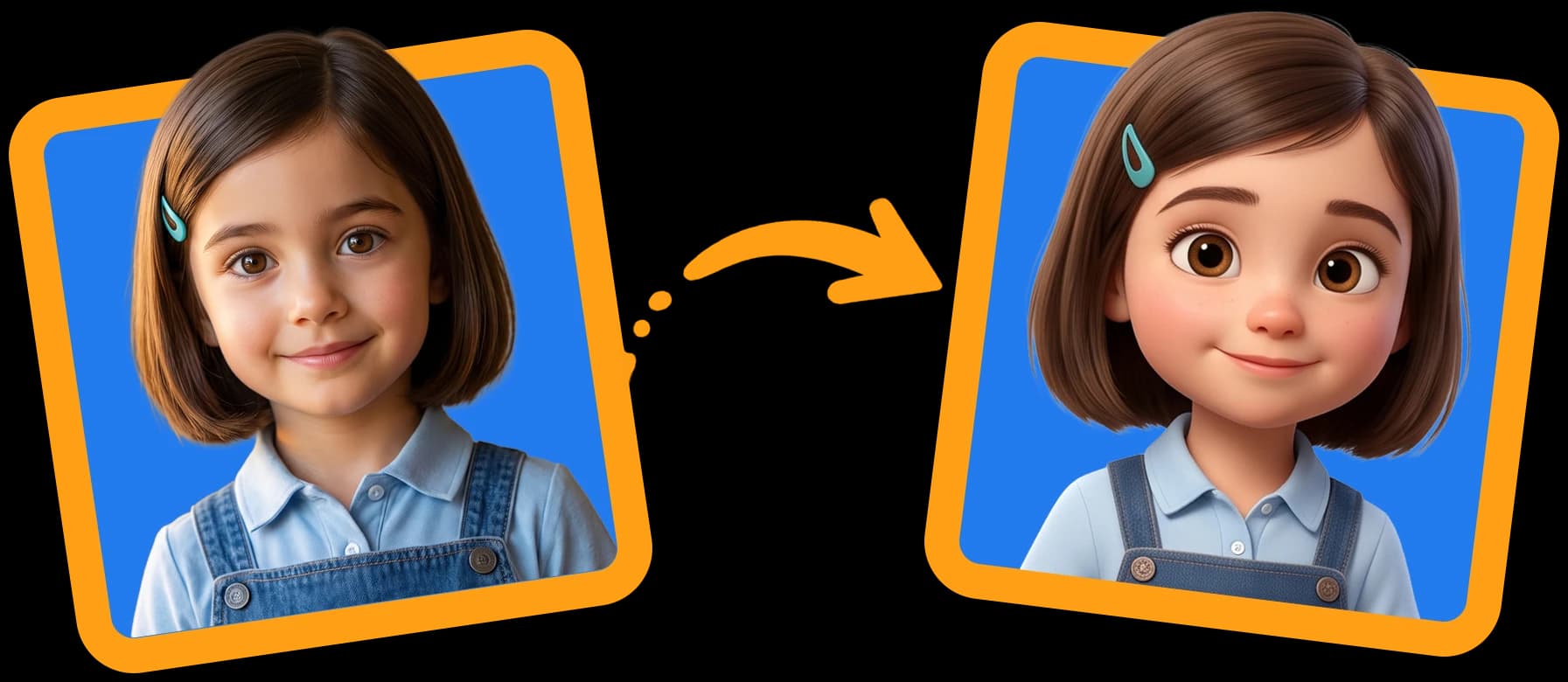 A photo of a child beside the same child drawn as a 3D storybook character