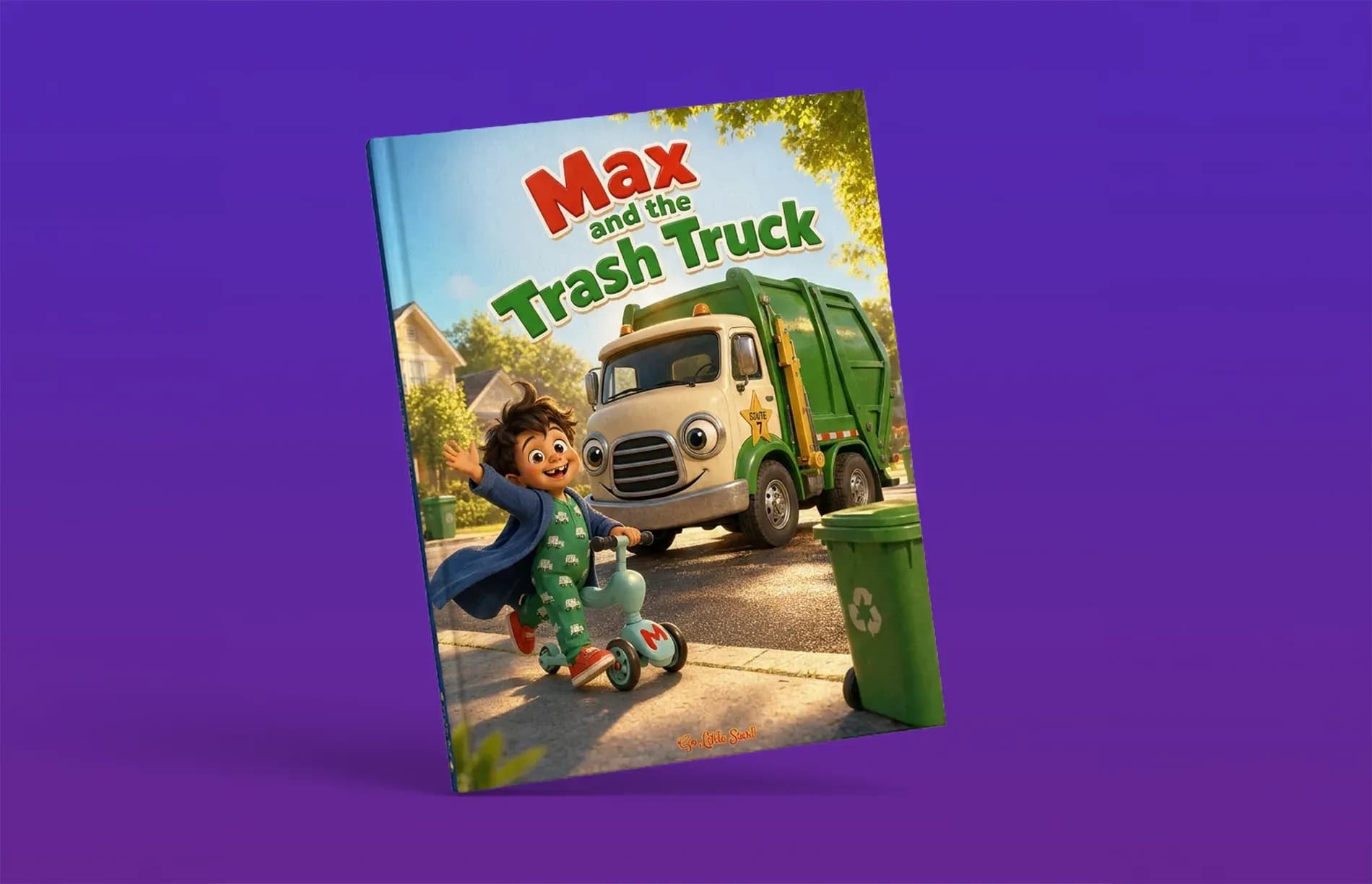 The finished hardcover of Max and the Trash Truck standing on end, Max waving on the front.