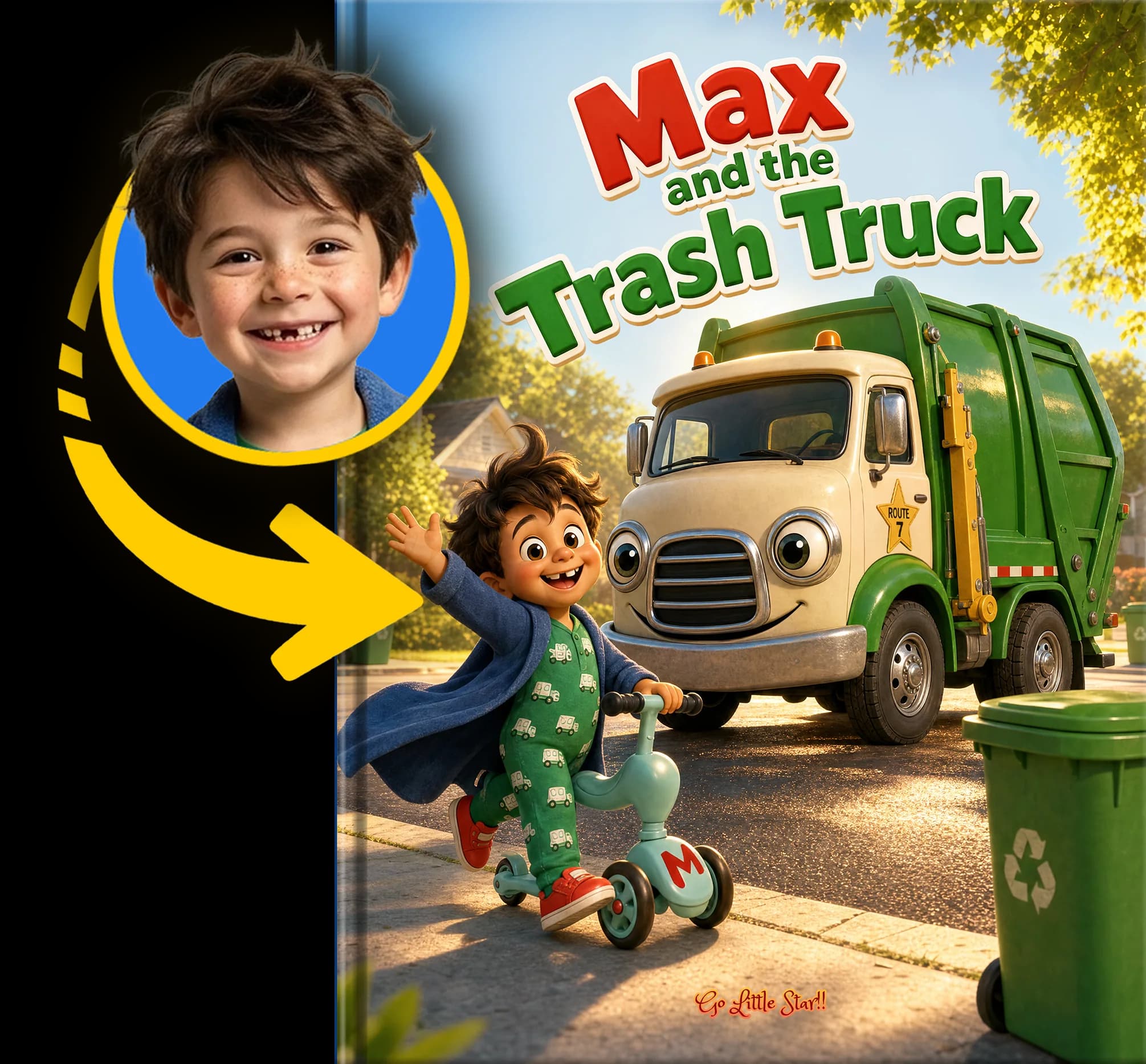 A photograph of a child beside the finished hardcover of Max and the Trash Truck, an arrow running from one to the other.
