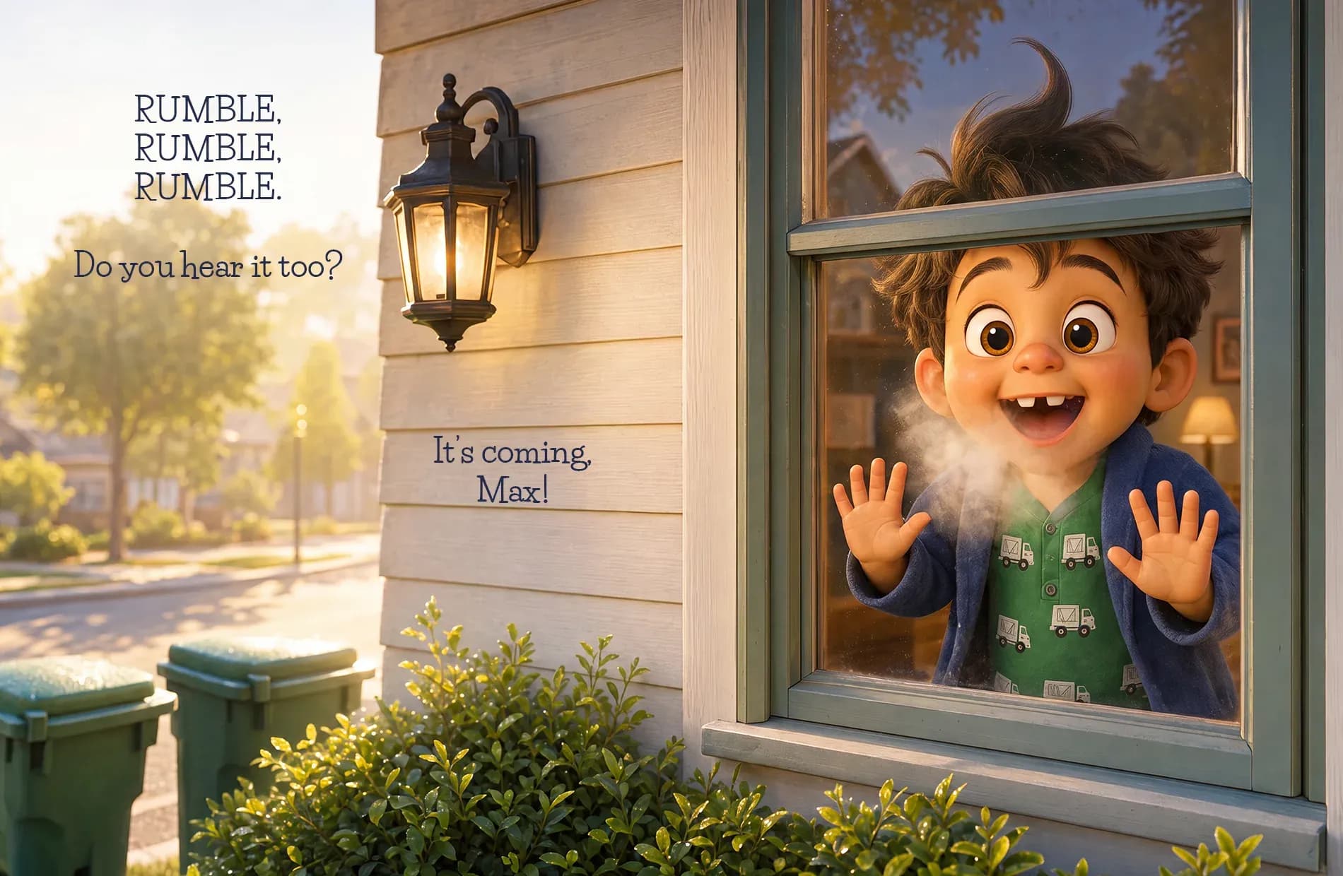 Max presses his hands and face to the window as the truck rumbles up the street at dawn.