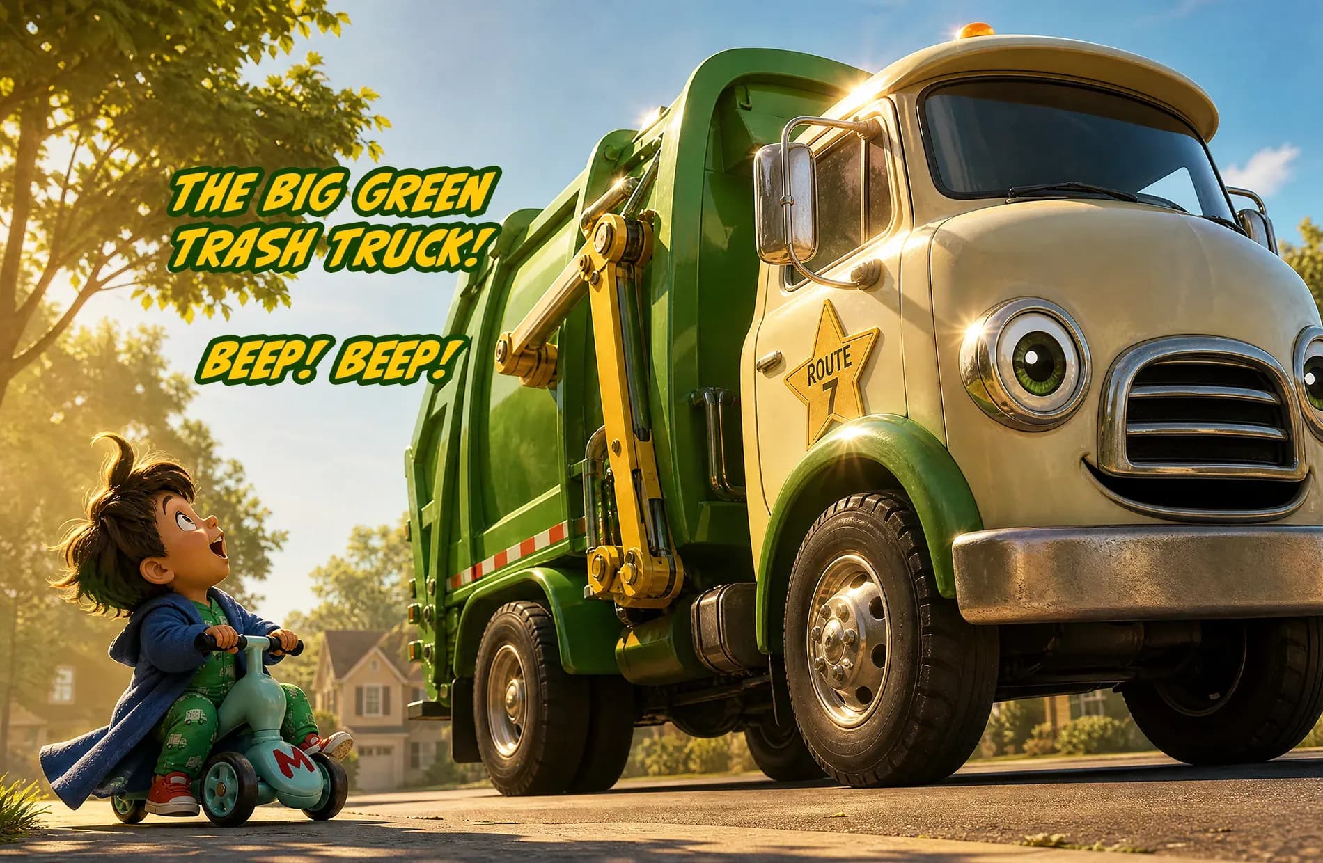 Max stops his scooter and looks up at the big green trash truck towering over him.