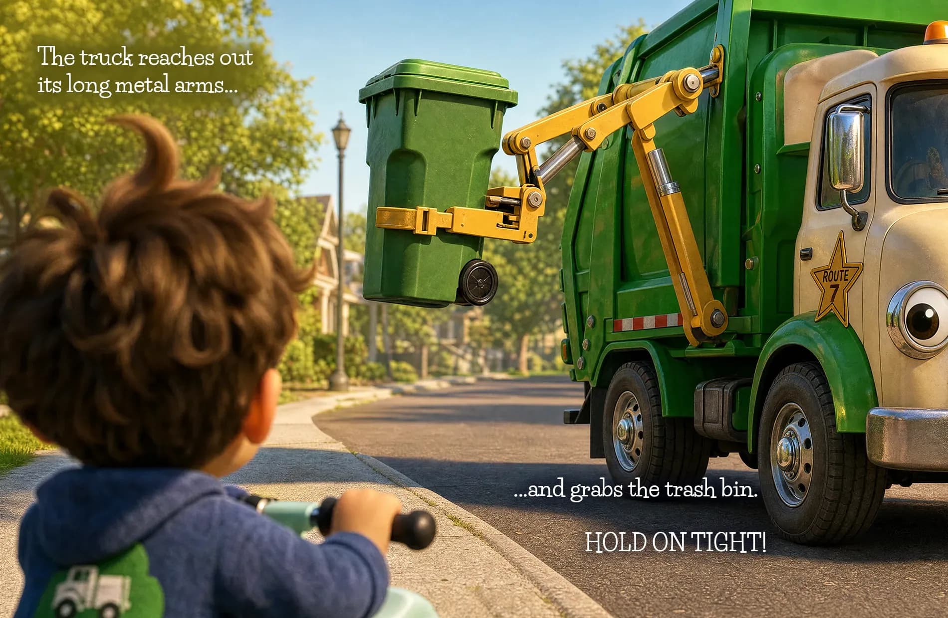 Over Max's shoulder, the truck's yellow arm lifts a green bin high into the air.