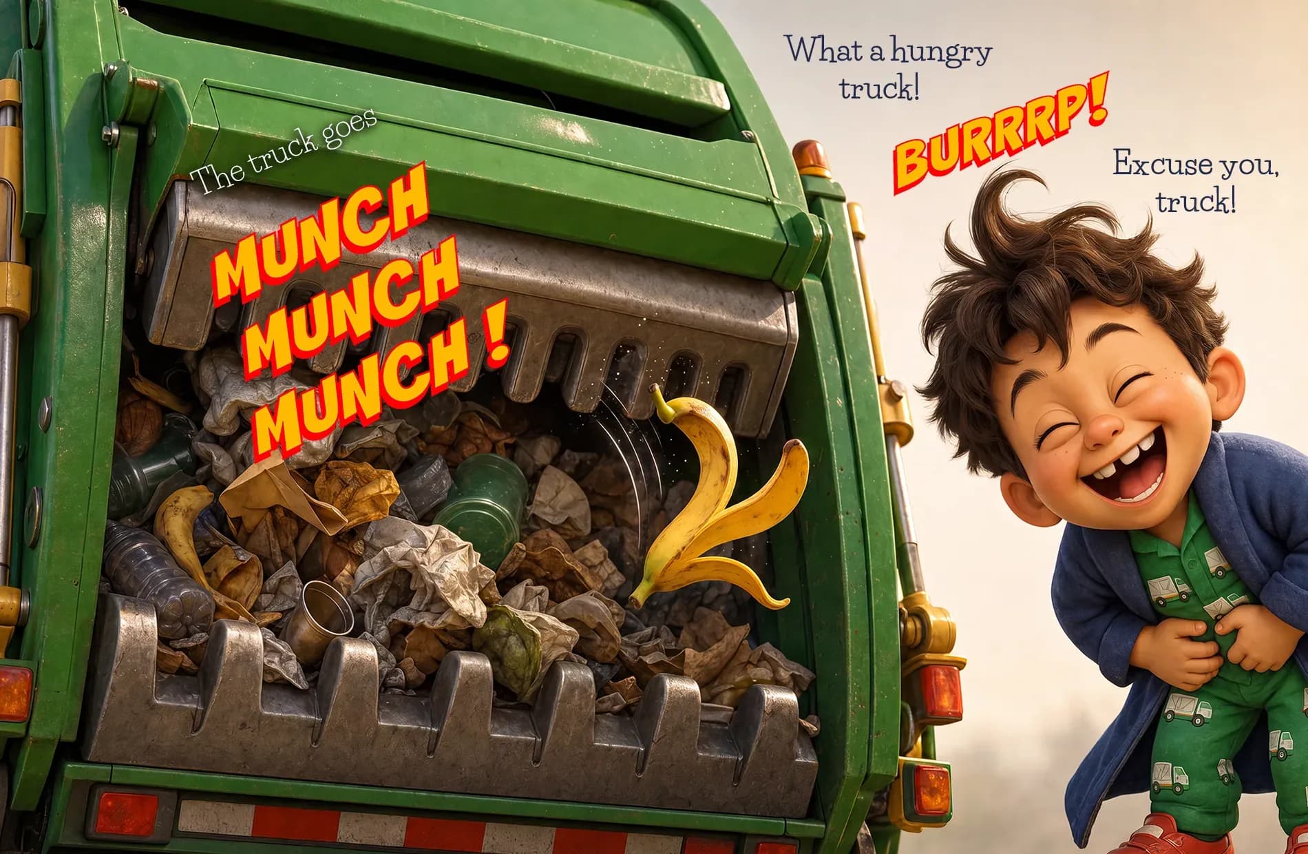 Max doubles over laughing as the truck's hopper munches a load of trash.