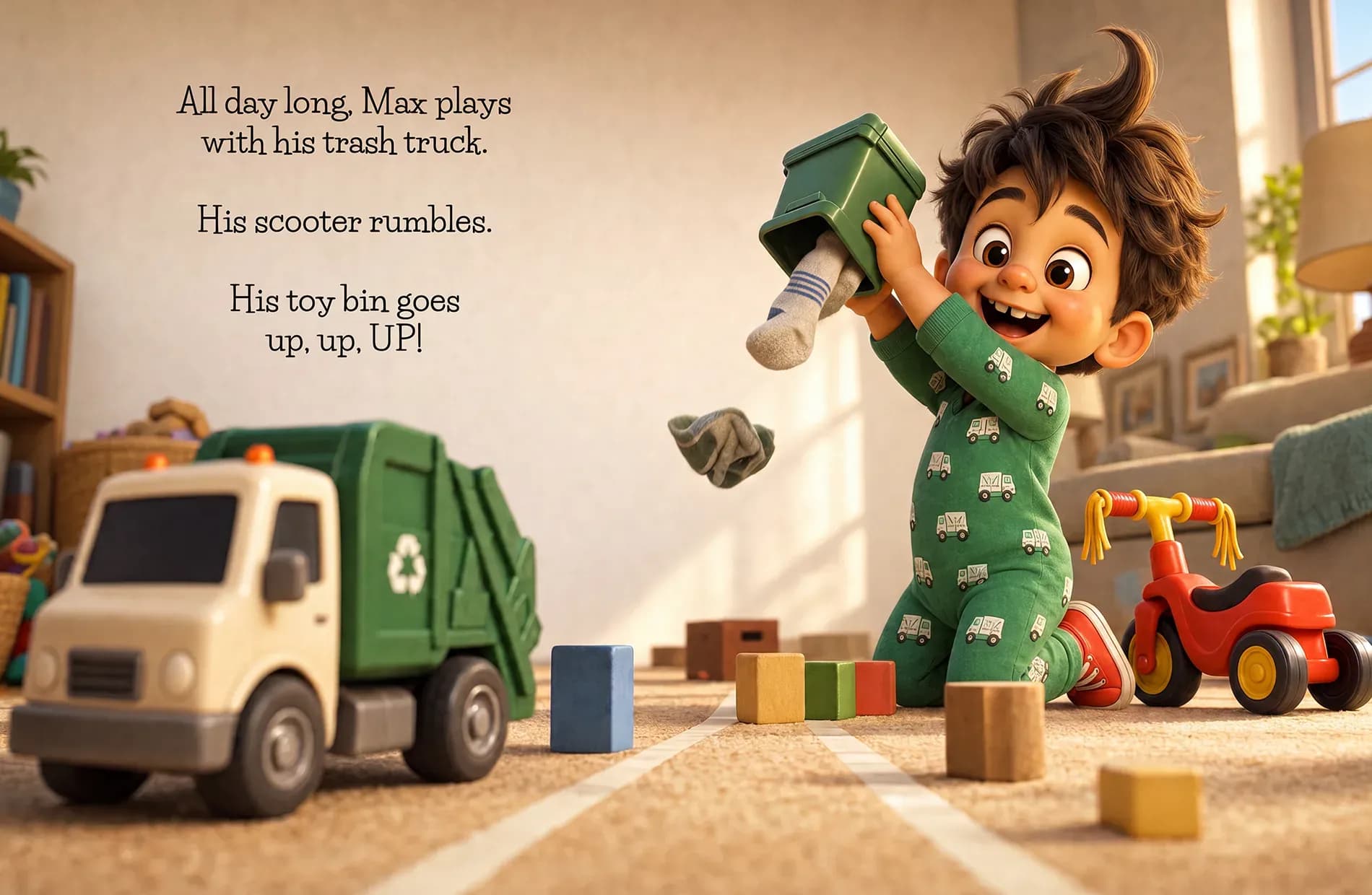 Max kneels on the rug playing trash truck, lifting a toy bin over his head.