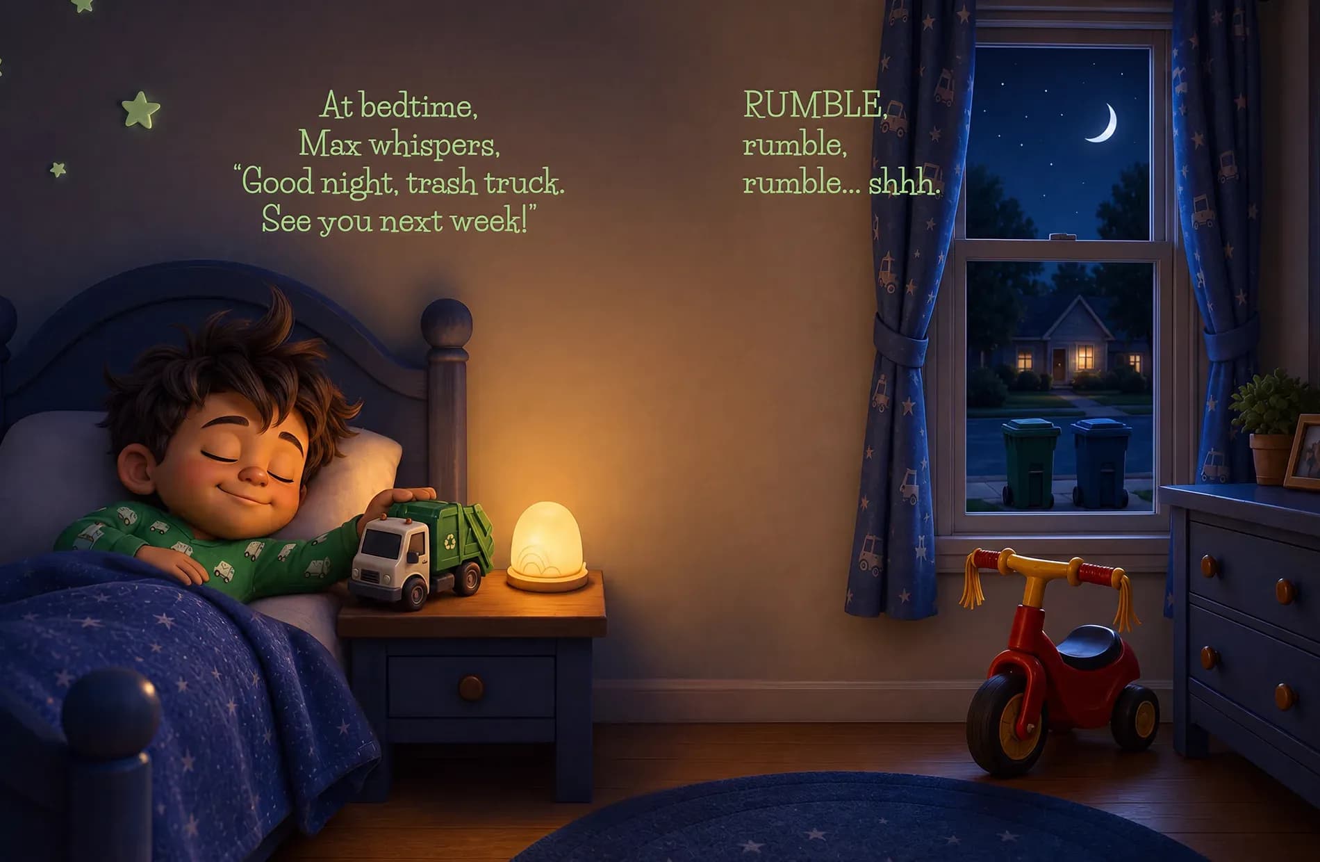 Max asleep with a hand on his toy truck, bins waiting on the street outside the window.