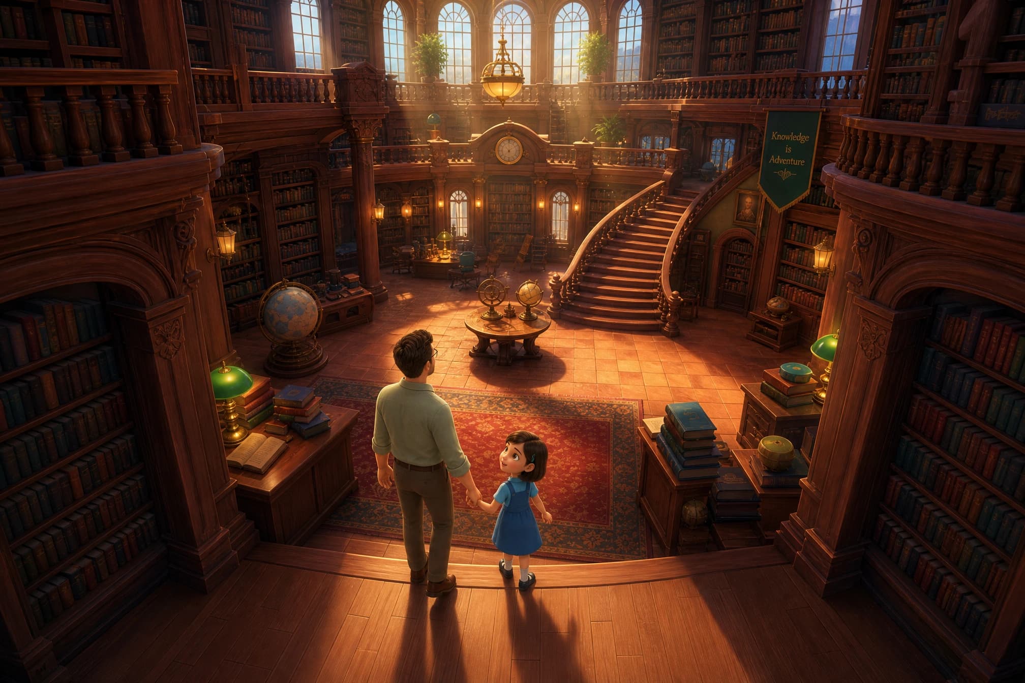 A parent and child stepping into a grand library of stories